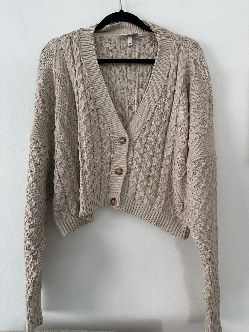 Milk It Cable Knit Cropped Cardigan Sweater Beige Patchwork Sz 14 Urban Outfitte